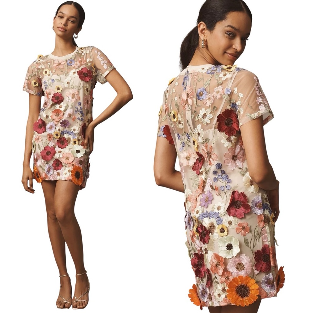 Anthropologie Endless Rose Floral-Embellished Sheer Mini Dress Medium - Picture 2 of 6